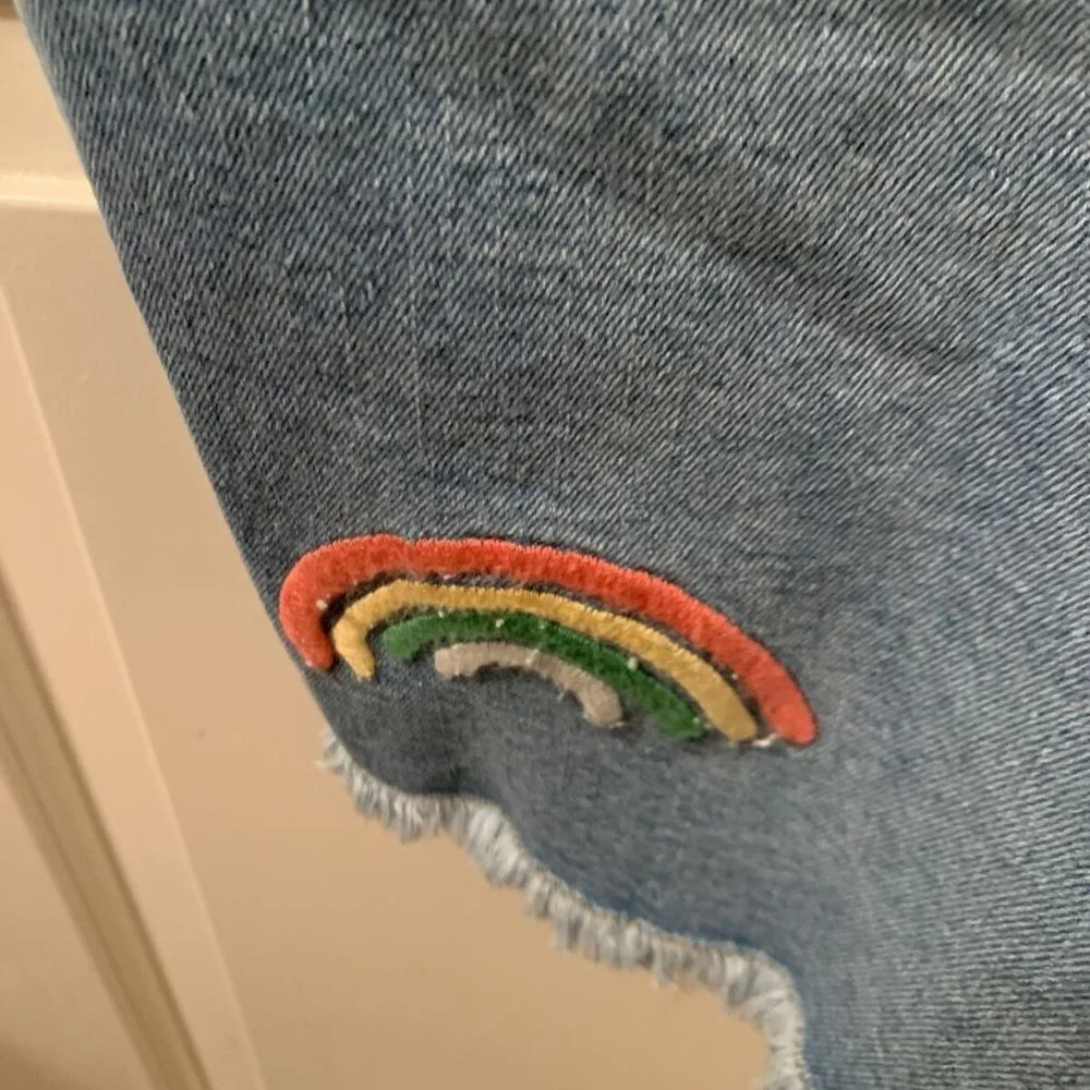 Take Pride Rainbow QUEEN Blue Denim Bib Short Overalls Rainbow Straps Size Large - Picture 4 of 7
